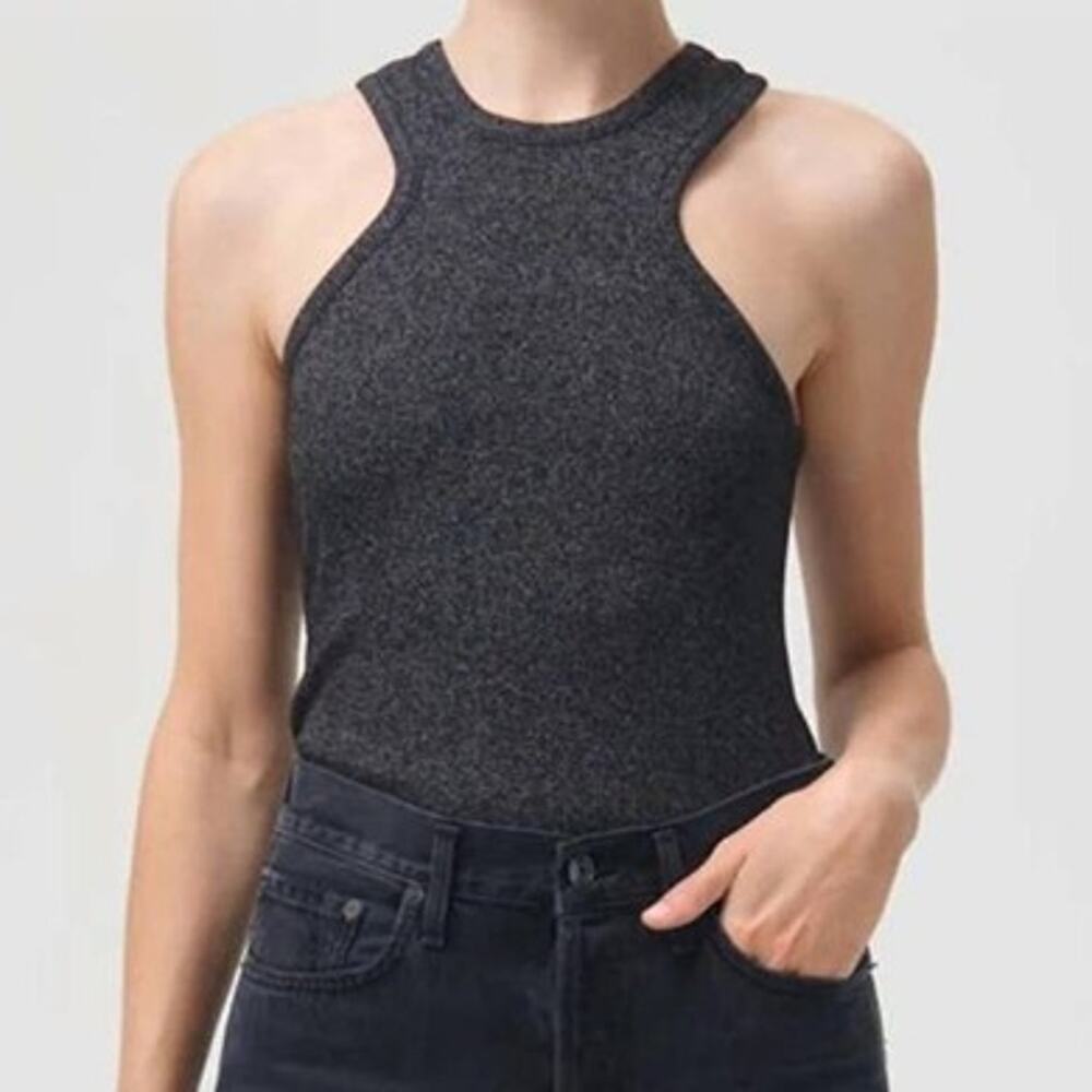 AGOLDE Bea Cutaway Tank Top Wired Metallic Silver Black Ribbed Knit Size XS